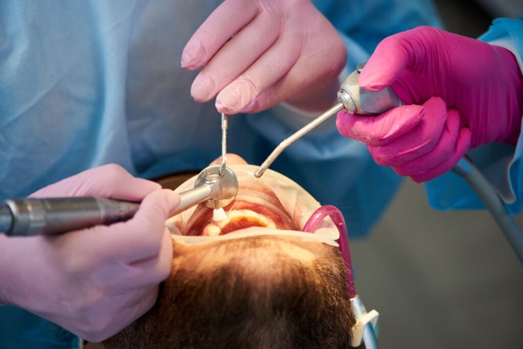 Emergency dentistry treatment provided during a dental procedure.